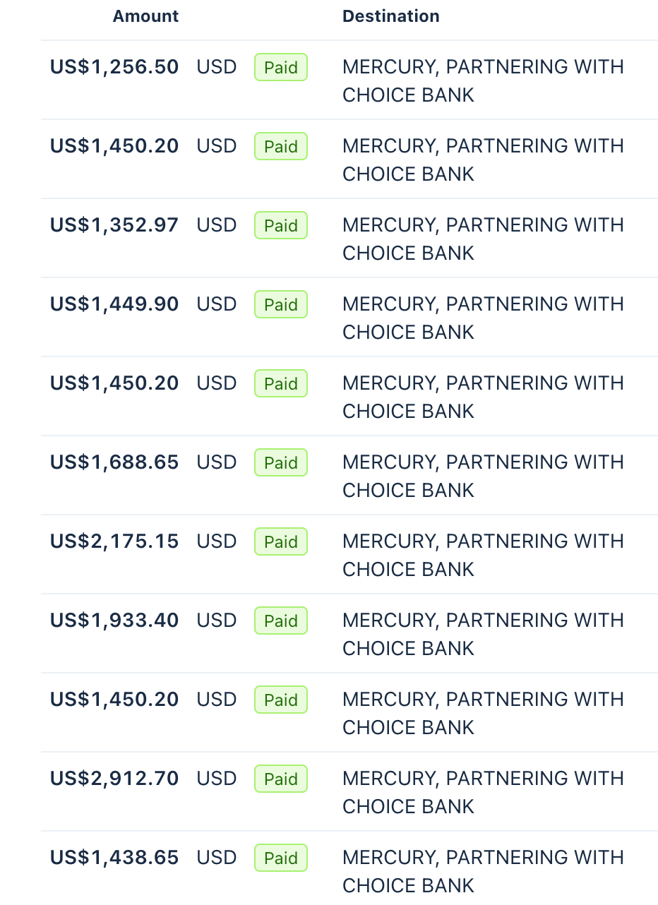 USD payment list, all paid